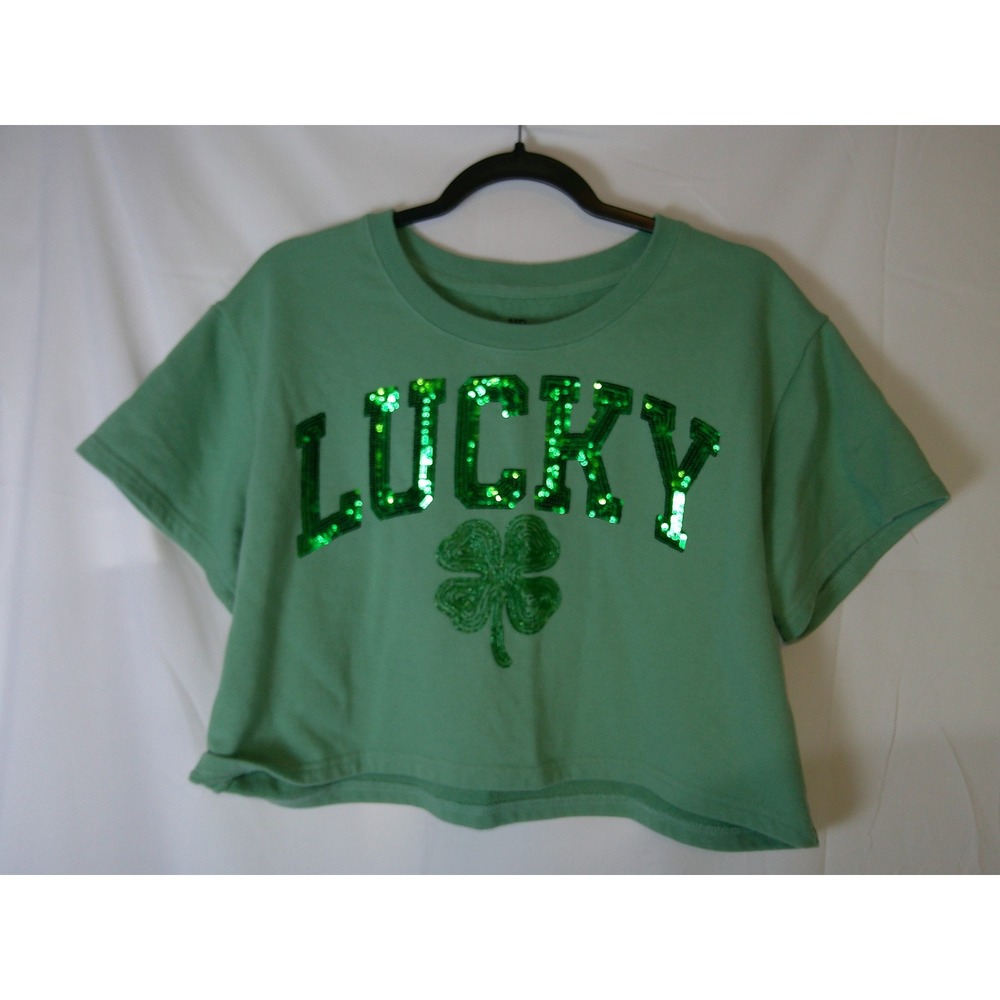 Goodie Two Sleeves Green Lucky Sequin Cropped Short Sleeve Sweatshirt MD
